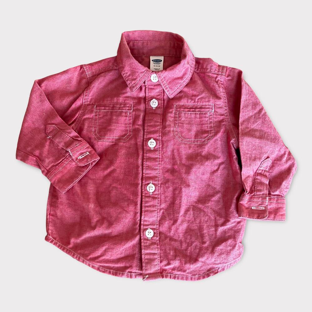 Old Navy Unisex Boy Red Baby Toddler Button-up Long-Sleeve Shirt 6-12mos